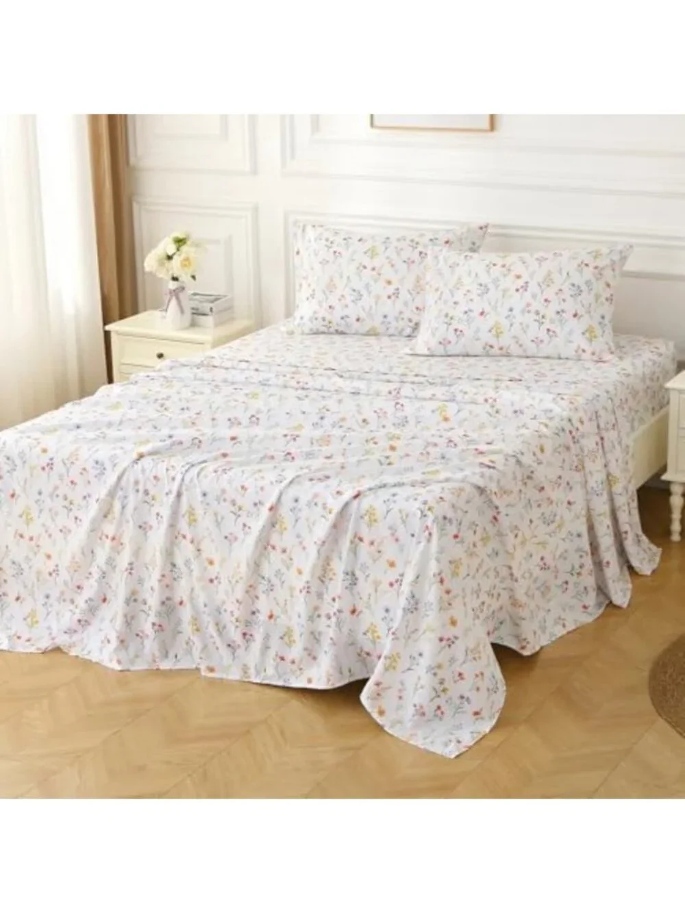 Floral Queen Sheet Set - 4 Piece Vintage Botanical Bedding, Soft Microfiber